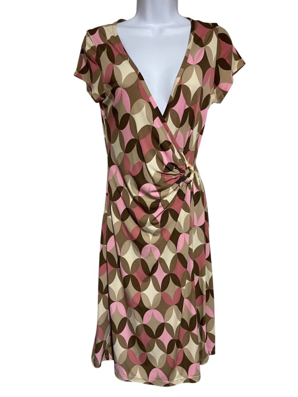 Dressbarn Womens Geometric Print Faux Wrap Dress Size Small Pink/Brown/Beige
